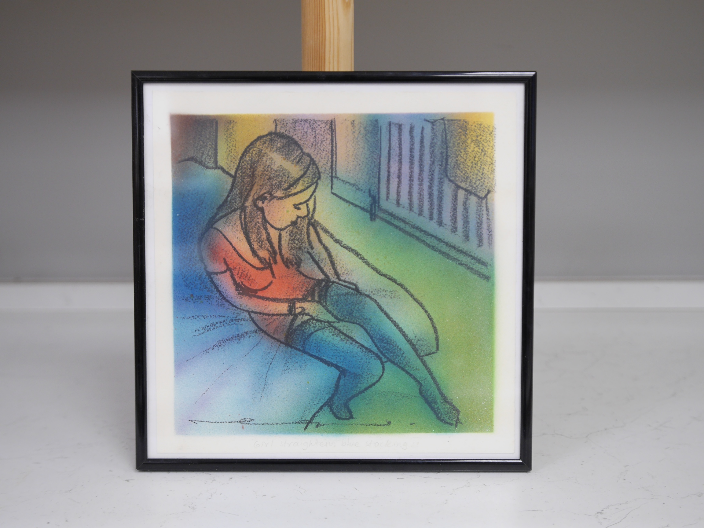 Contemporary colour print, 'Girl straightens blue stockings II', unsigned, inscribed in pencil, 29 x 27cm. Condition - good